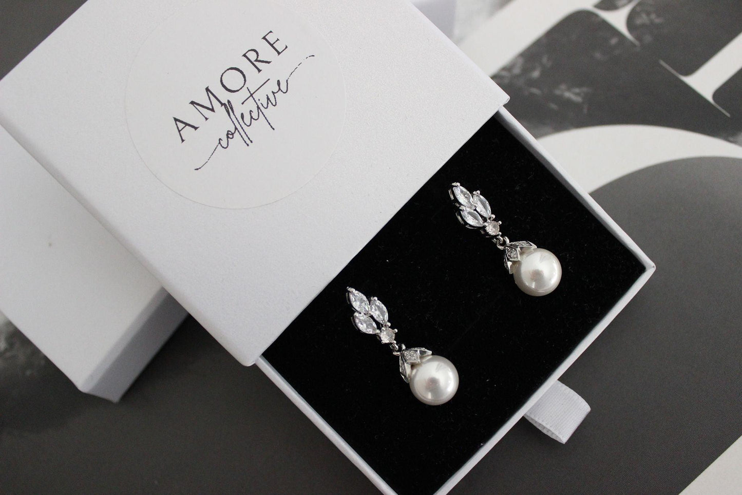 Flora pearl drop crystal silver earrings