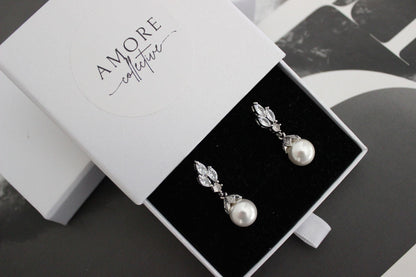 Flora pearl drop crystal silver earrings
