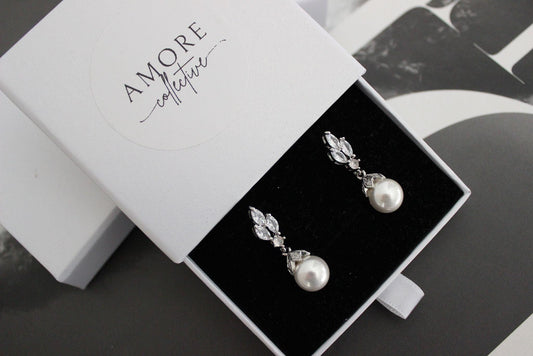 Flora pearl drop crystal silver earrings