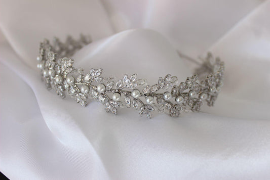 Gemma crystal & pearl silver bridal headband