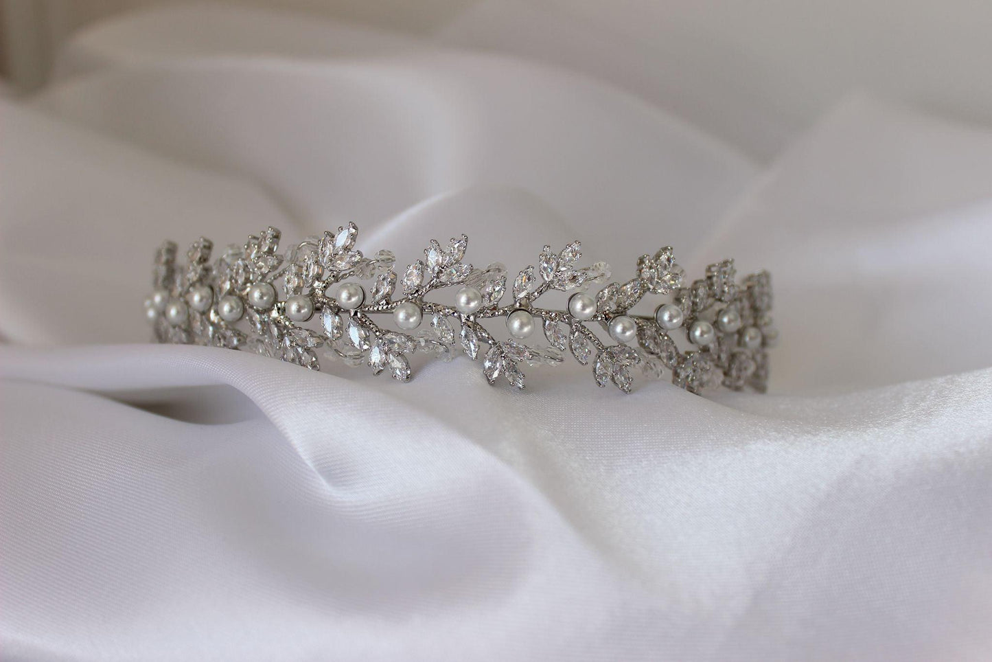 Gemma crystal & pearl silver bridal headband