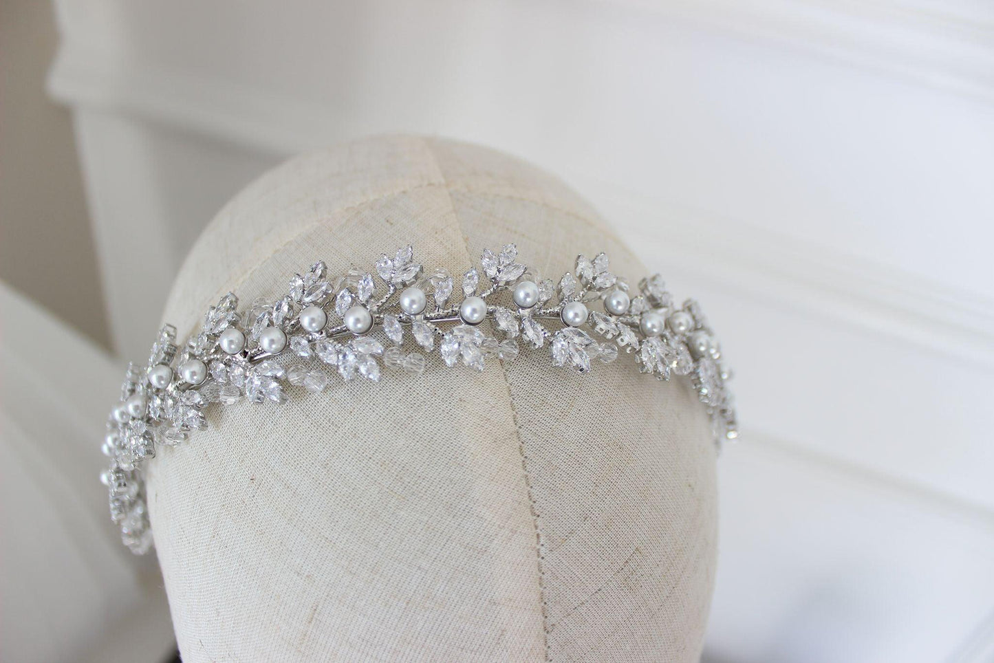 Gemma crystal & pearl silver bridal headband