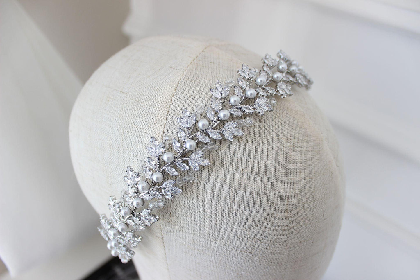Gemma crystal & pearl silver bridal headband