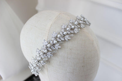 Gemma crystal & pearl silver bridal headband