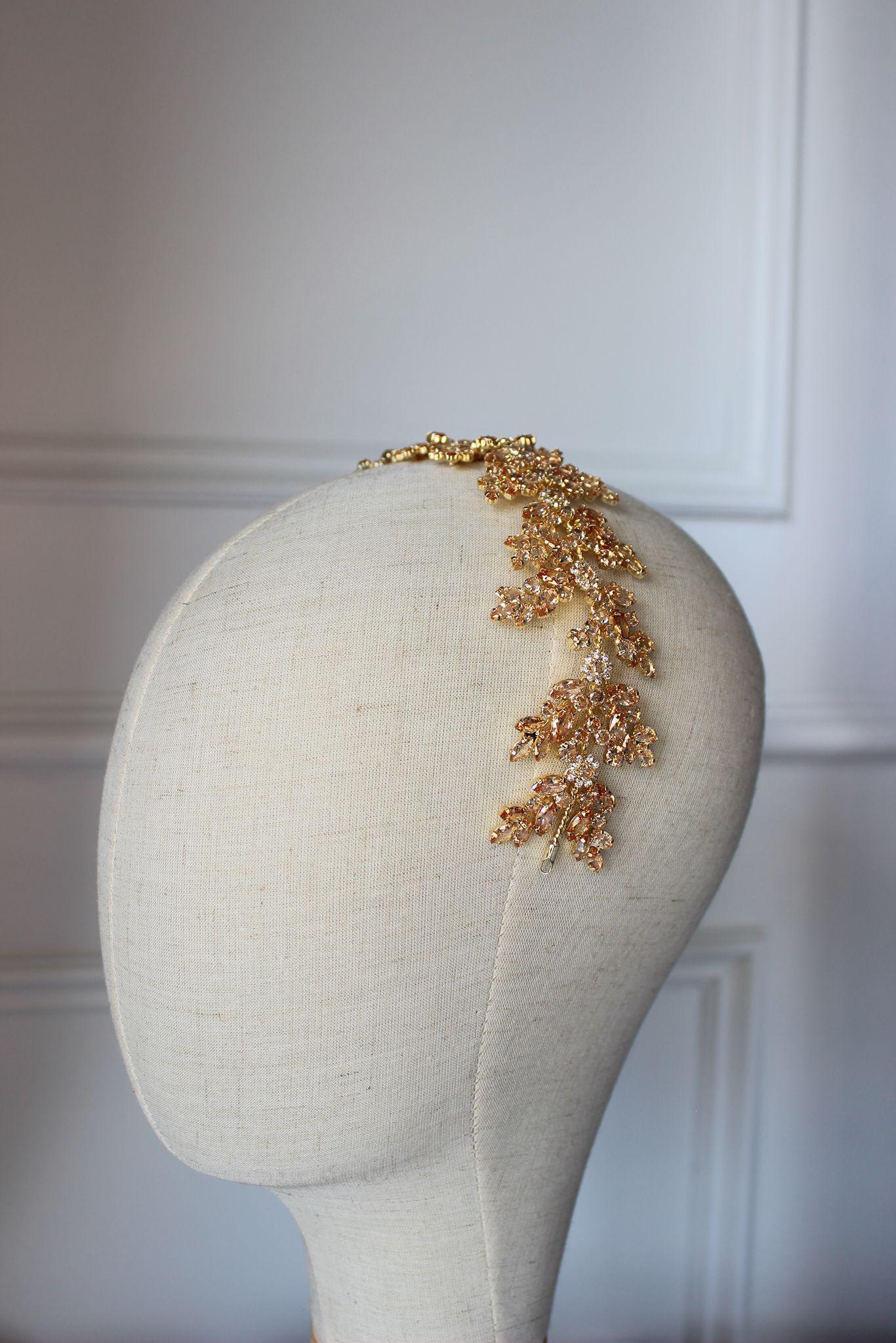 Gold flat bridal hair headpiece for wedding