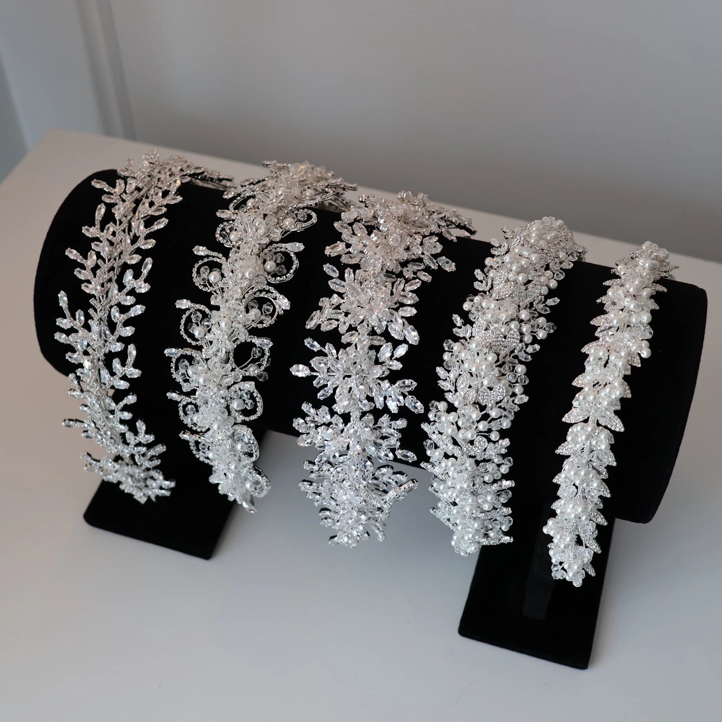 Ines silver bridal headpiece adorned with crystal swirl details