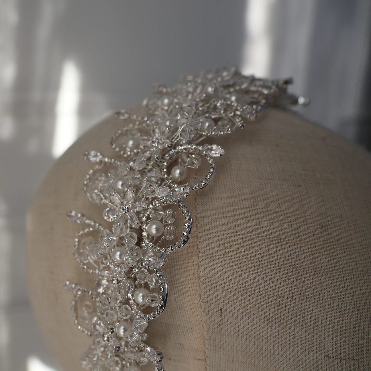 Ines silver crystal wedding headpiece with swirling details