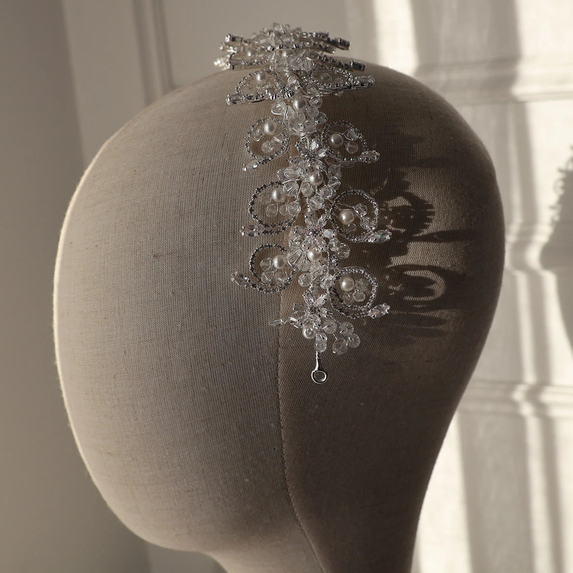 Ines silver wedding headpiece with crystal swirls