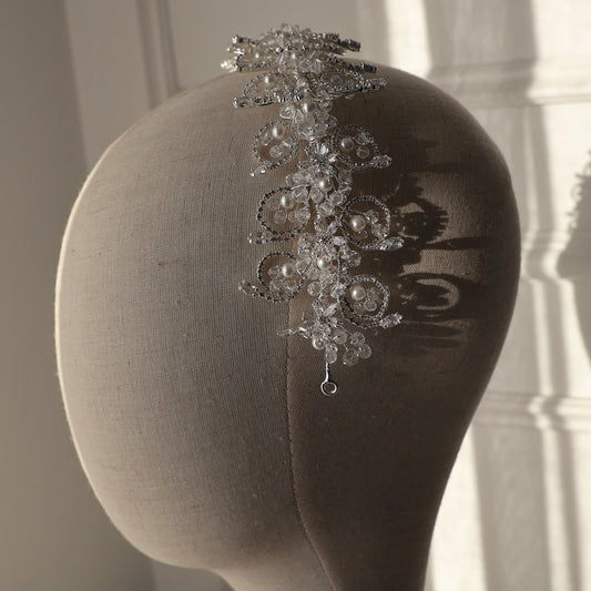 Ines silver wedding headpiece with crystal swirls