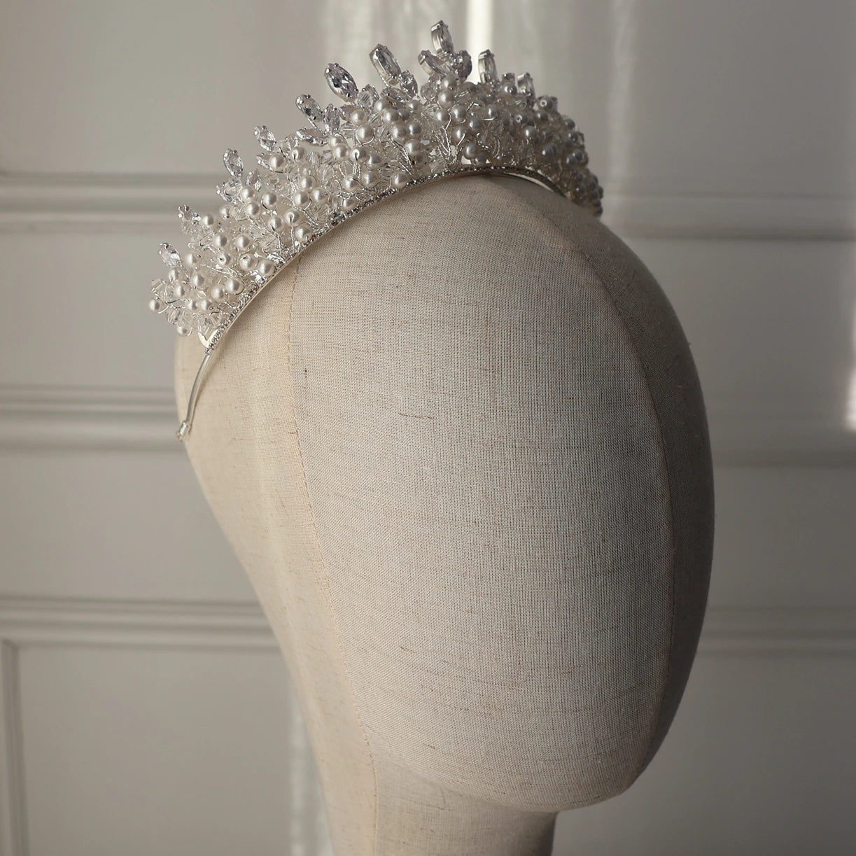Isadora silver wedding crown with pearls and crystals