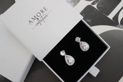 Karmela teardrop cubic zirconia silver drop earrings in jewellery box