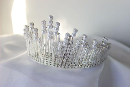 large white and silver wedding crown with pearls