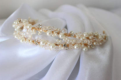 Leah gold pearl & crystal bridal headband