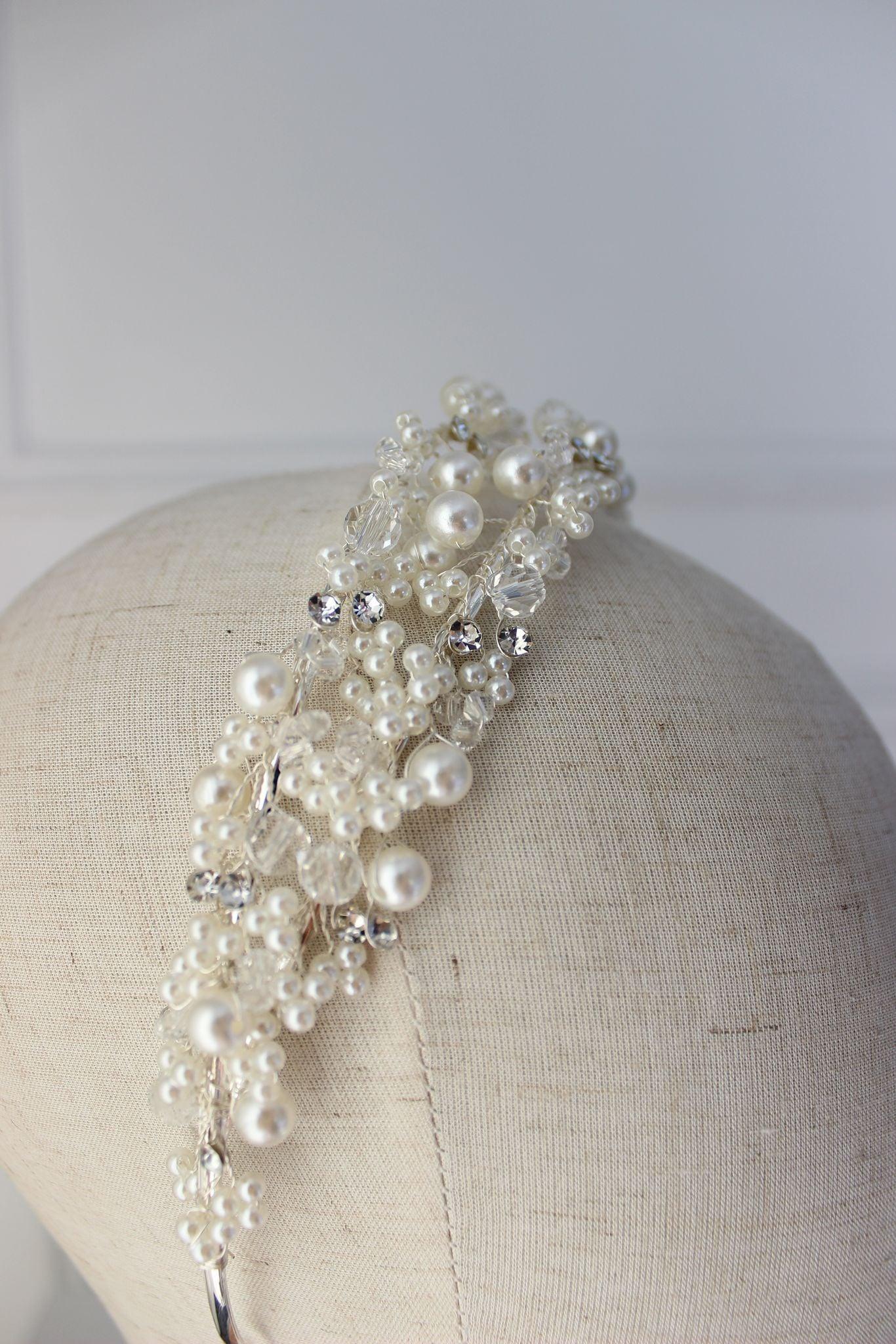Leah silver pearl & crystal bridal headband