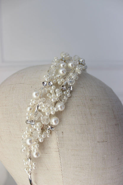 Leah silver pearl & crystal bridal headband