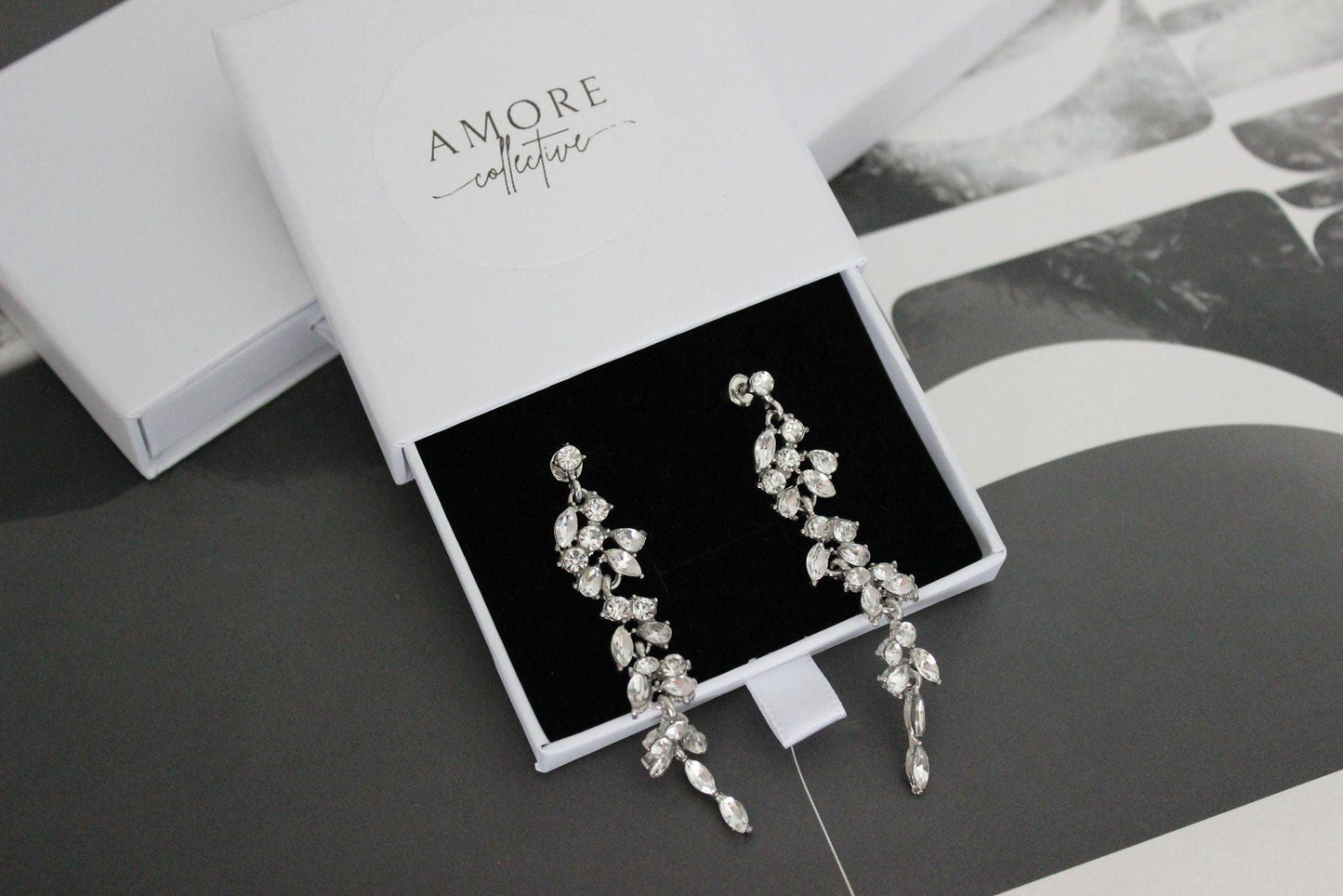 Long Silver Drop Bridal Earrings