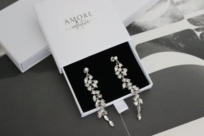 Long Silver Drop Bridal Earrings
