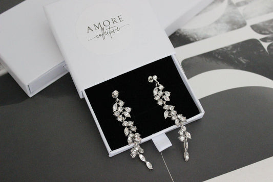 Long Silver Drop Bridal Earrings