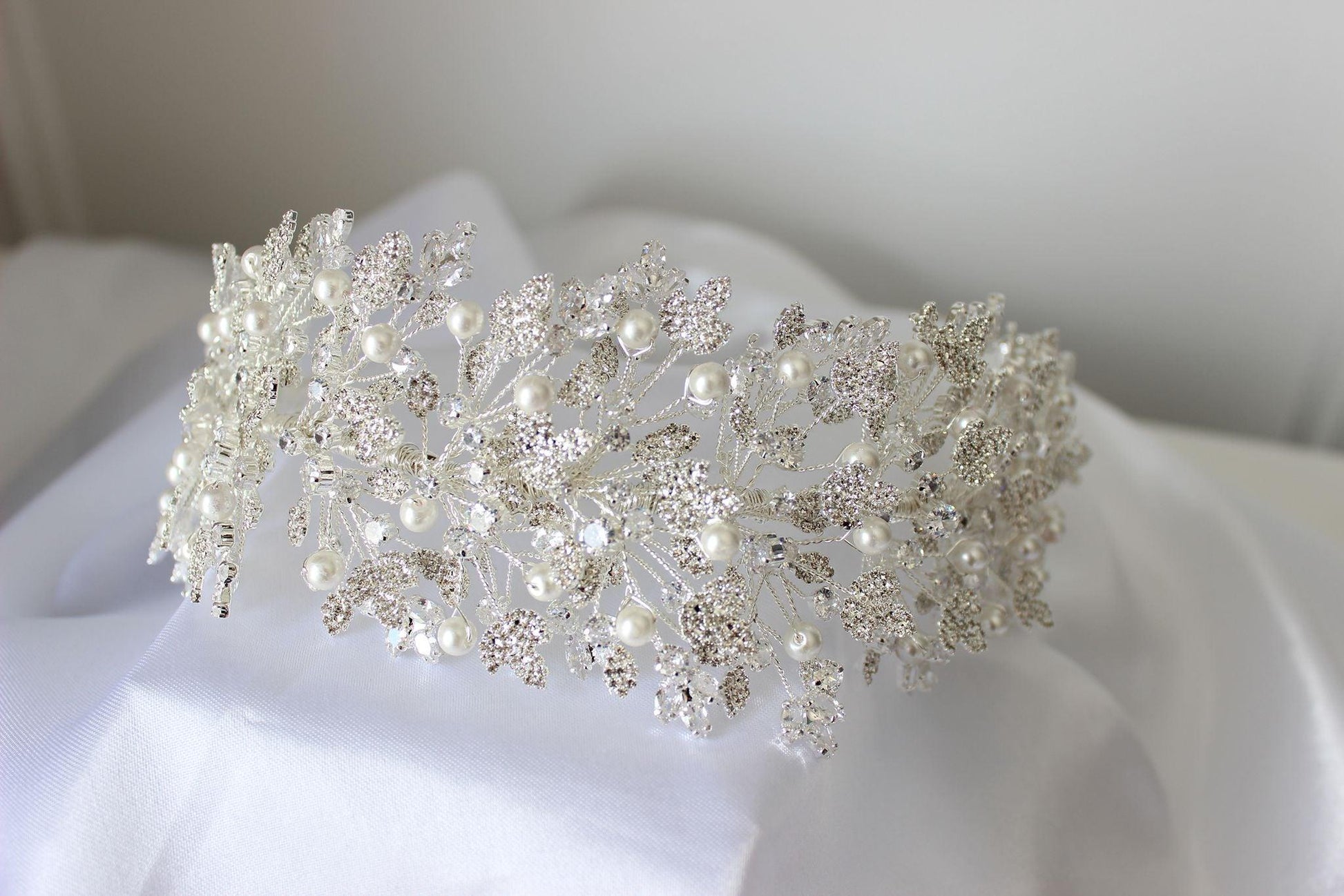 Luna silver crystal & pearl bridal headpiece