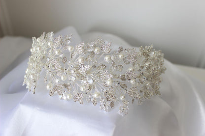 Luna silver crystal & pearl bridal headpiece