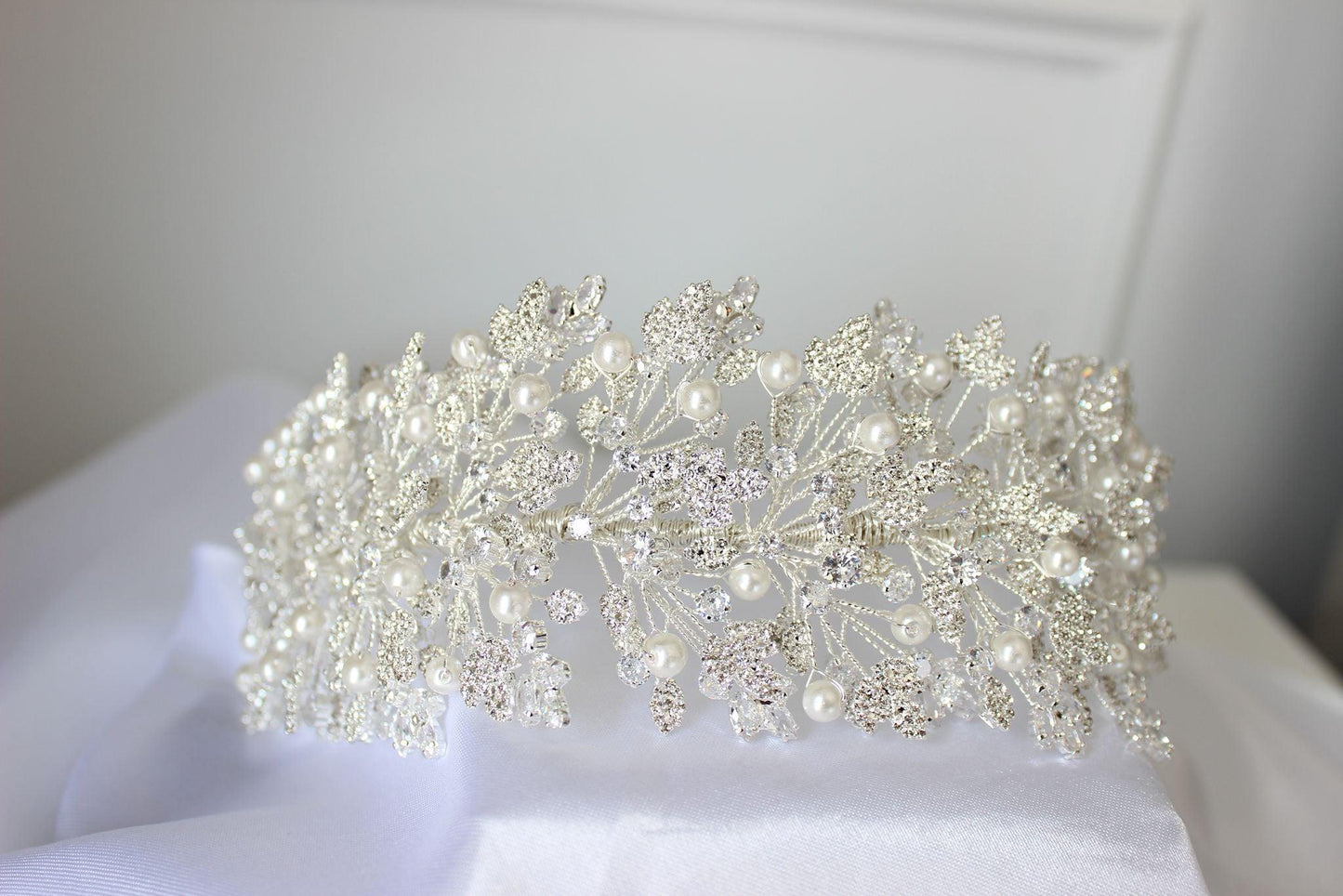 Luna silver crystal & pearl bridal headpiece