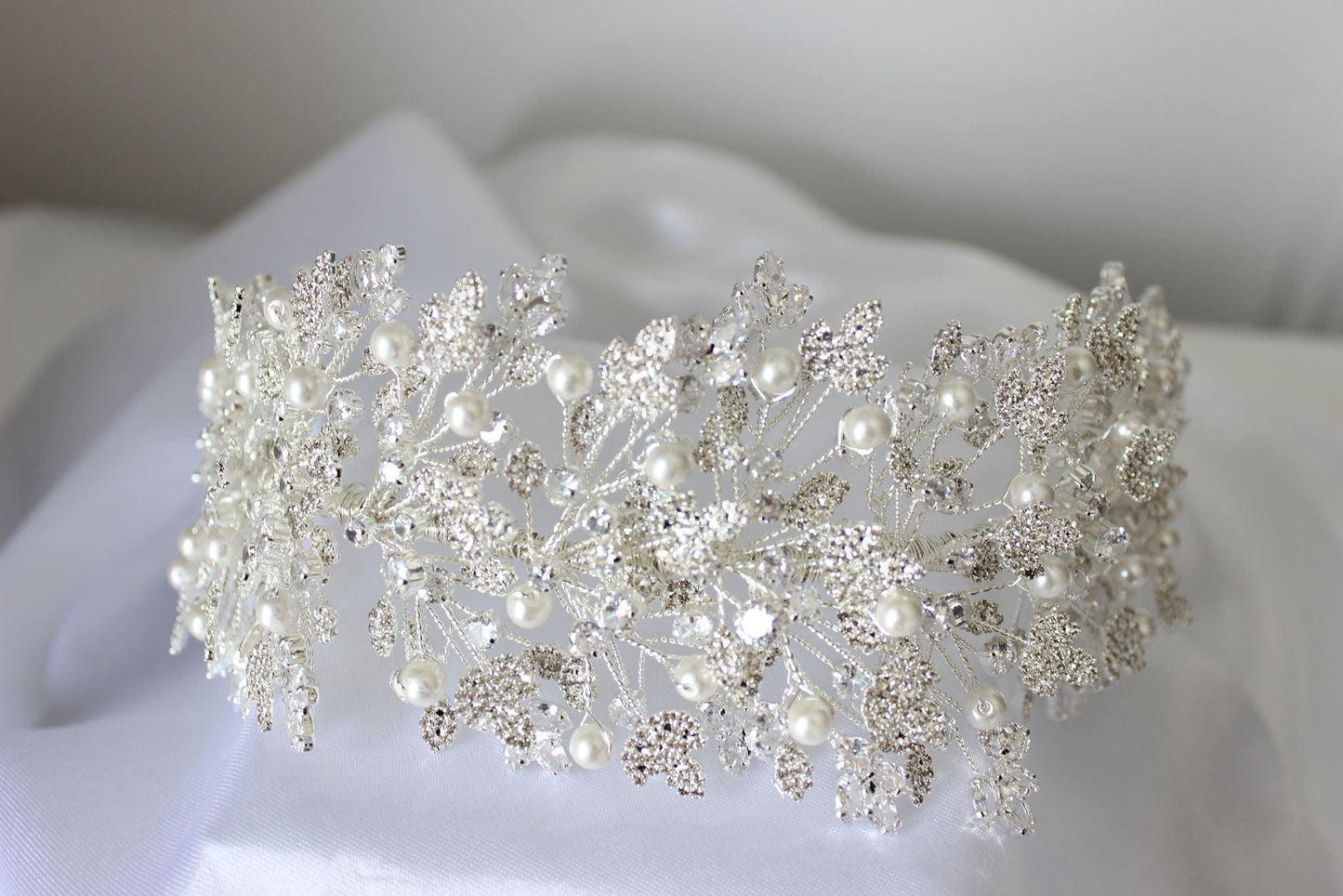 Luna silver crystal & pearl bridal headpiece