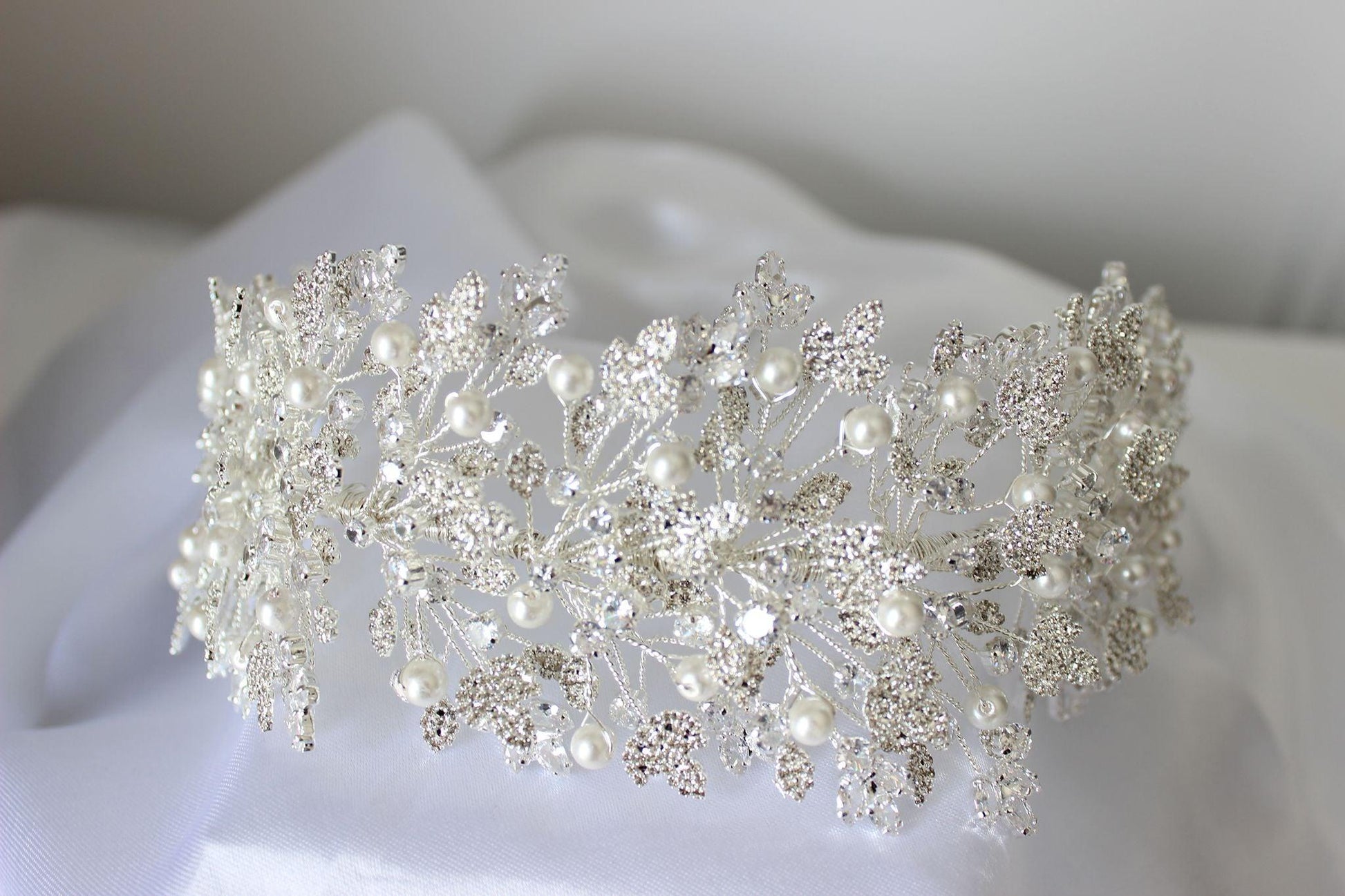 Luna silver crystal & pearl bridal headpiece