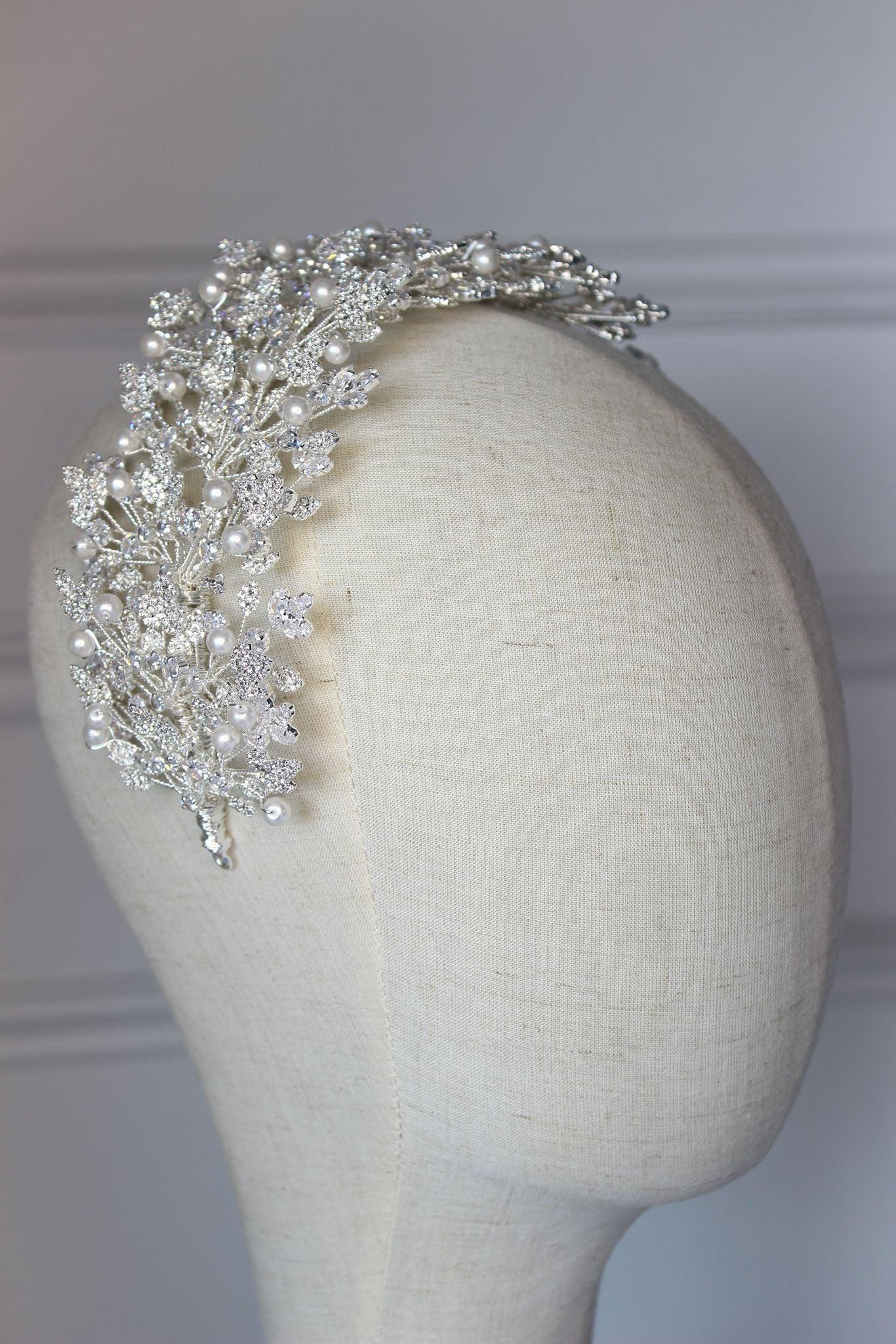 Luna silver crystal & pearl bridal headpiece