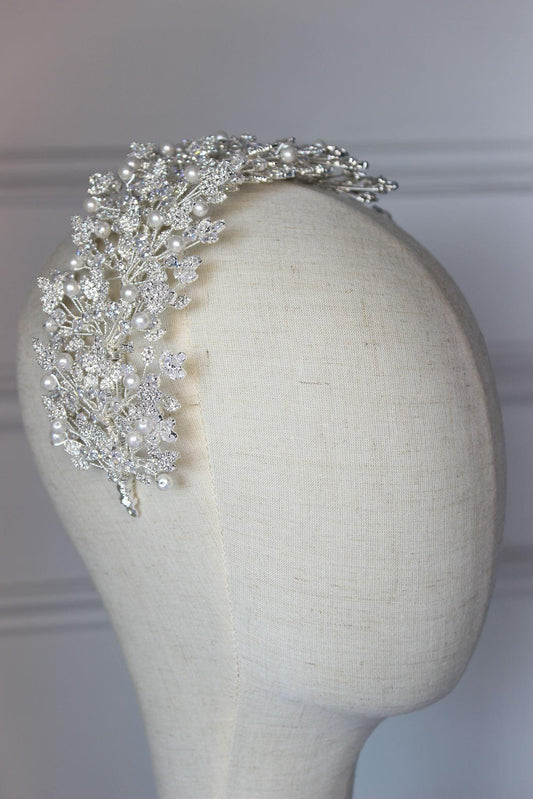 Luna silver crystal & pearl bridal headpiece