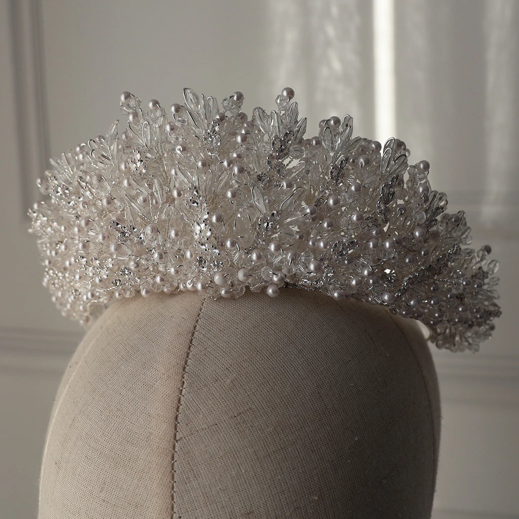 Margaux large silver wedding crown with pearl and crystal bridal headpiece