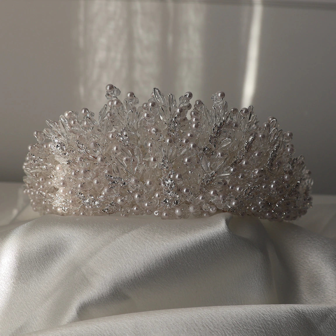 Margaux silver wedding crown adorned with pearls and crystals
