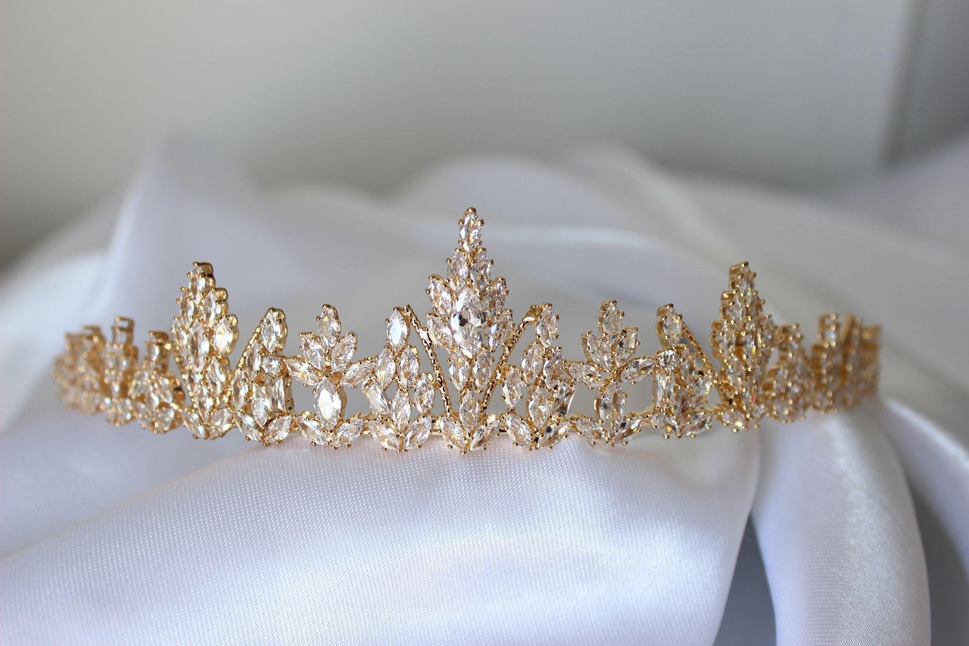 Medium gold bridal tiara with cubic zirconia crystals