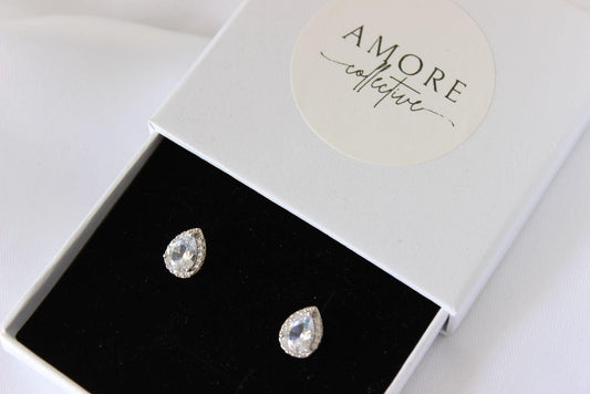 Mini Teardrop Cubic Zirconia Silver Stud Earrings