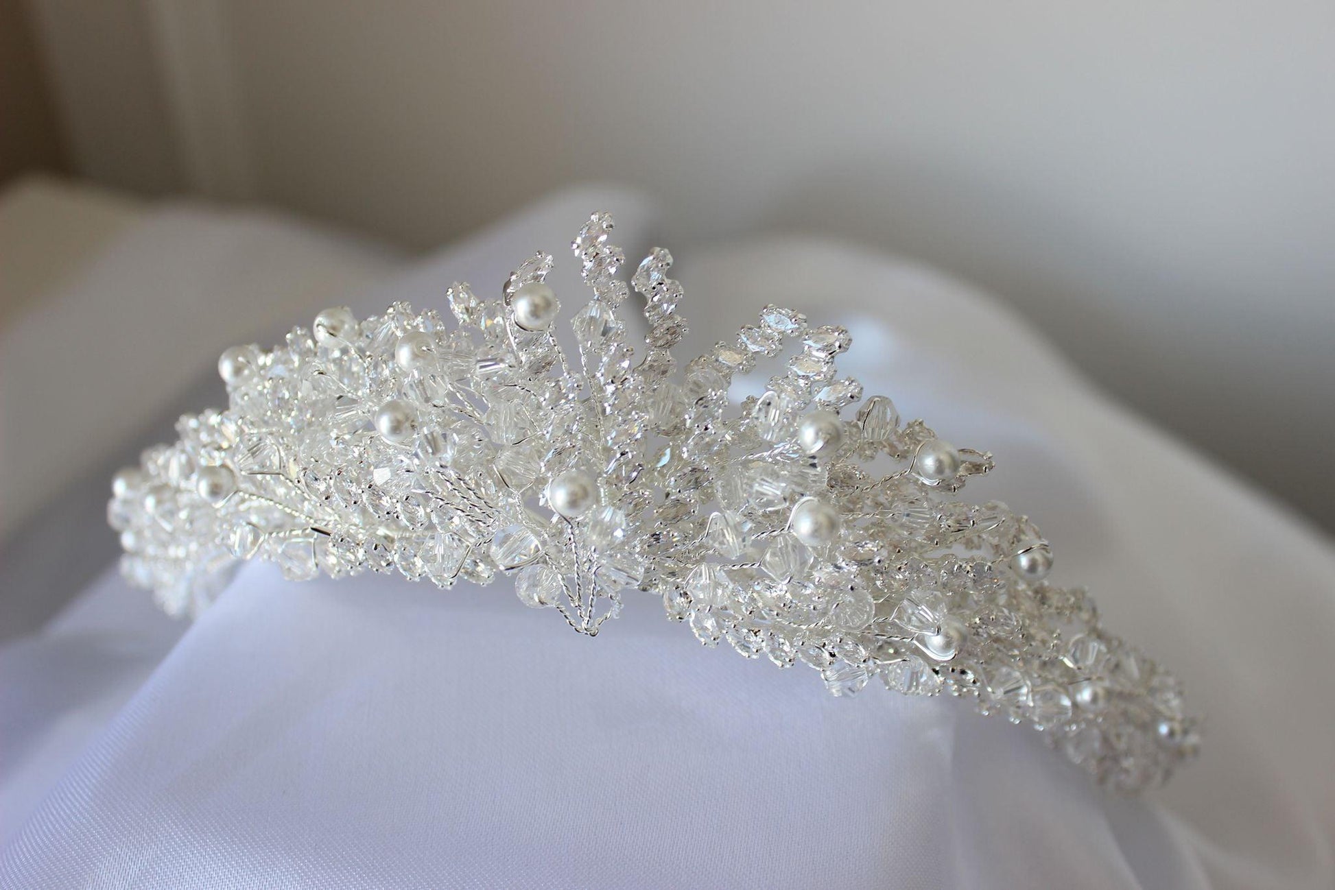 Mirna pearl & crystal silver bridal crown