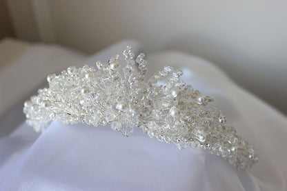 Mirna pearl & crystal silver bridal crown