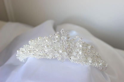 Mirna pearl & crystal silver bridal crown