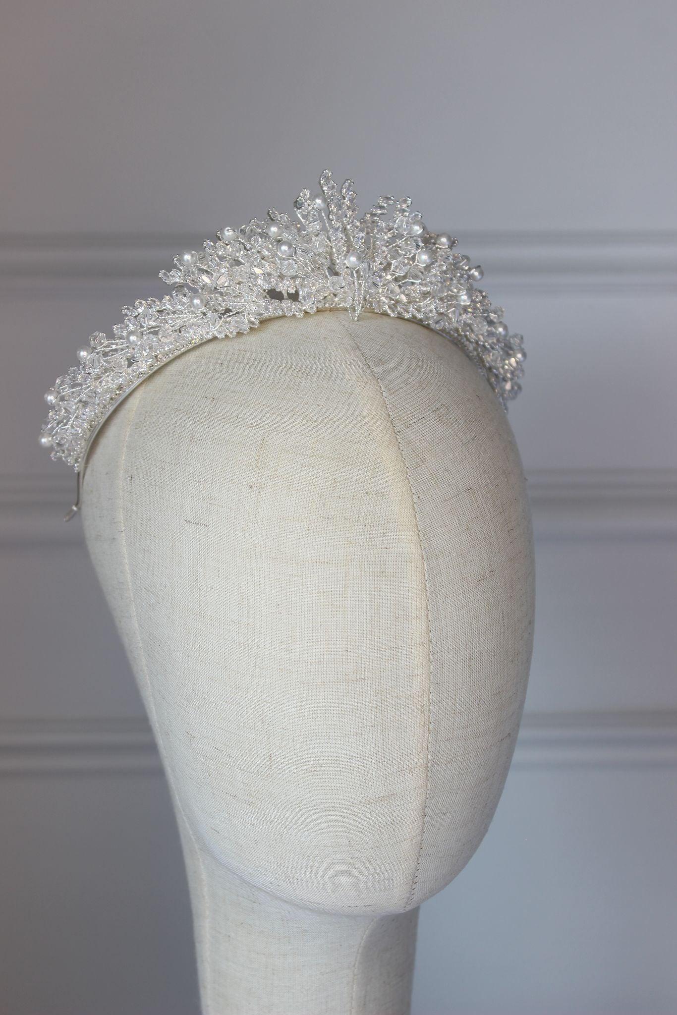 Mirna pearl & crystal silver bridal crown