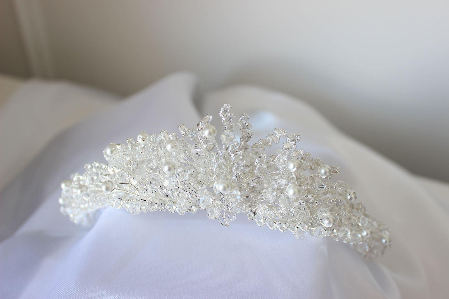 Mirna pearl & crystal silver bridal crown
