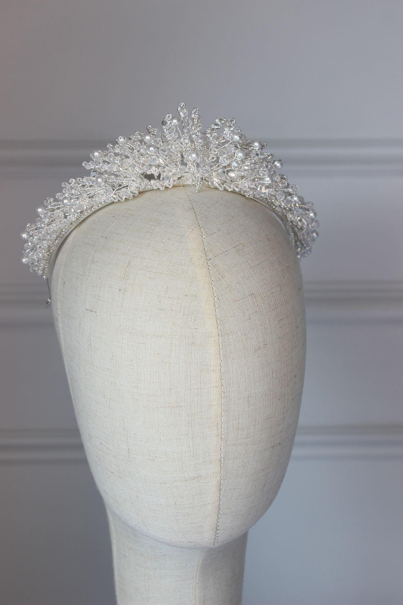 Mirna pearl & crystal silver bridal crown