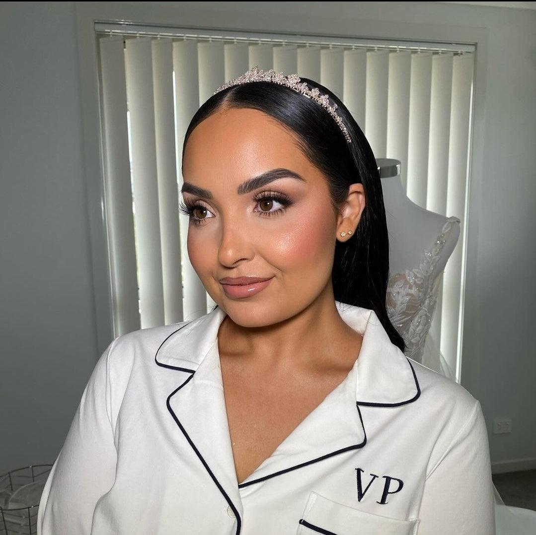 bride wearing davina bridal tiara in rose gold