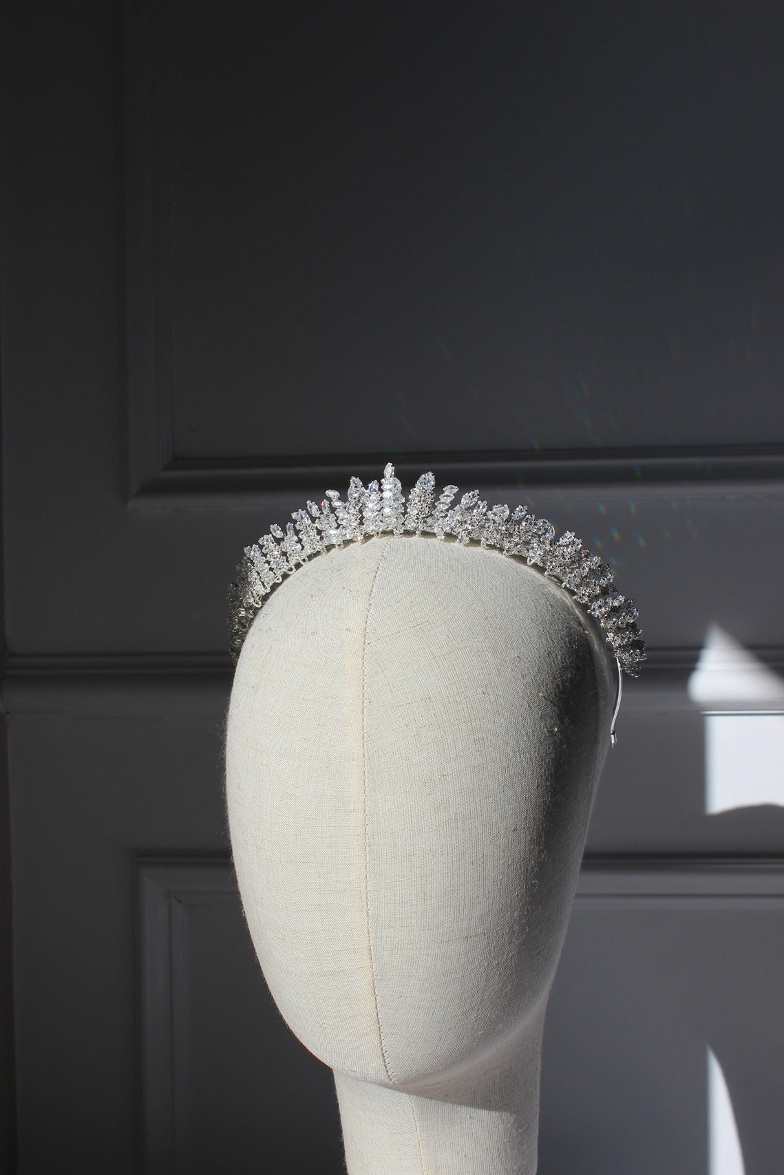 Paris silver bridal tiara on mannequin