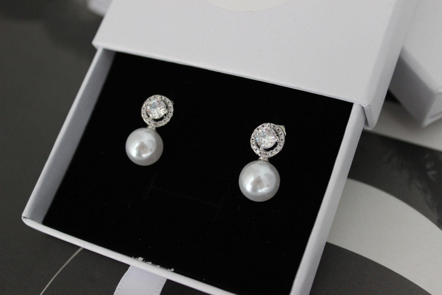 wedding pearl drop silver earrings with cubic zirconia