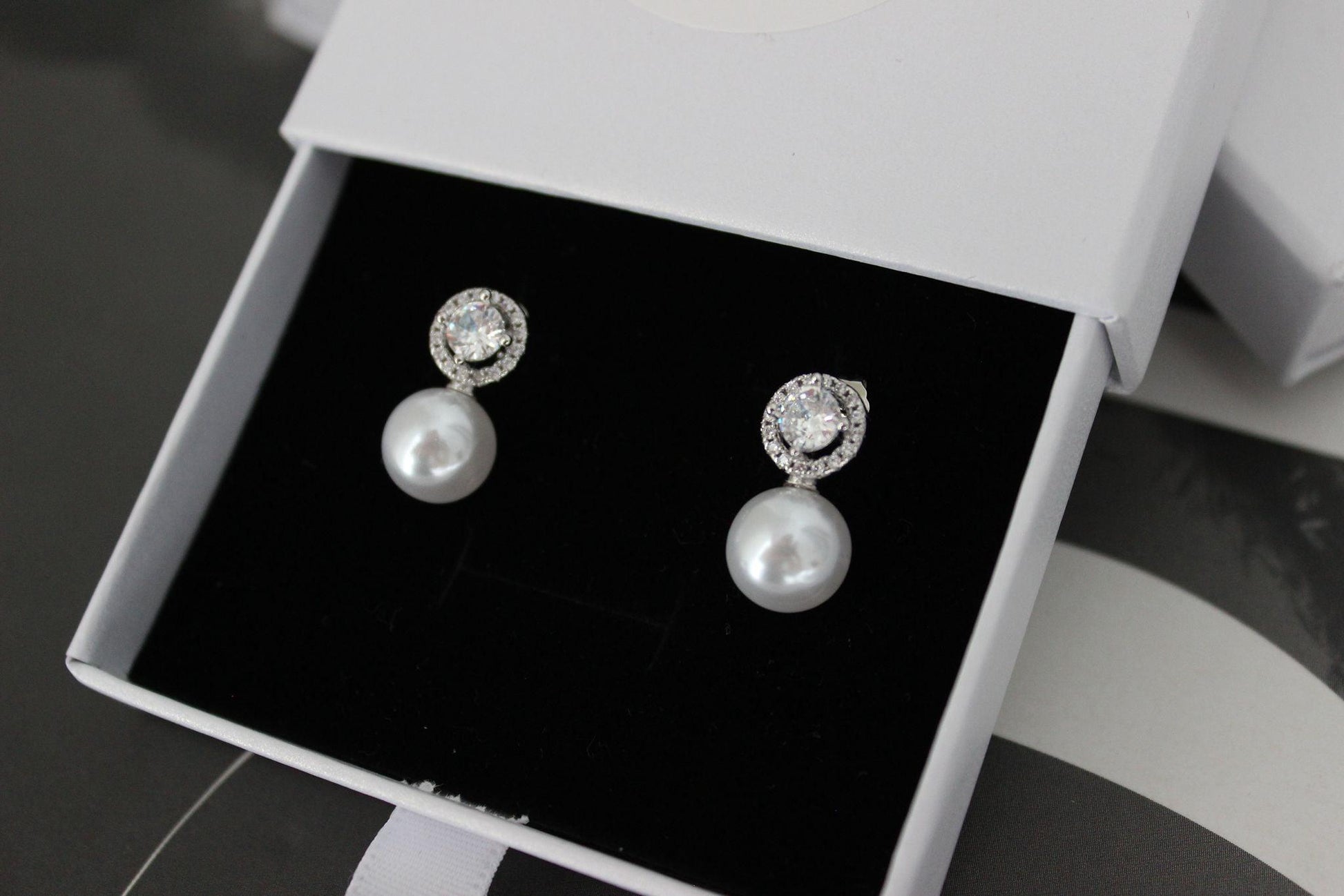 wedding pearl drop silver earrings with cubic zirconia