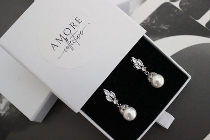 Flora pearl drop crystal silver earrings