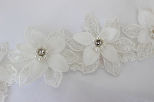 Pearl flower lace bridal garter with pearl and crystal floral embellishments