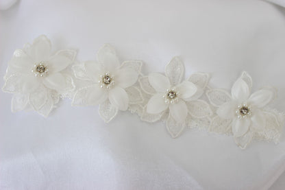 Pearl flower lace bridal garter with pearl and crystal floral embellishments
