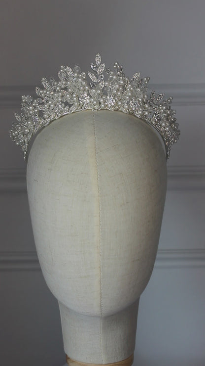 "ANDREA" Crystal & Pearl Bridal Crown - Silver