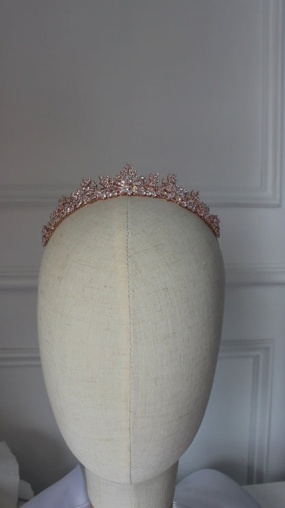 ana rose gold bridal tiara on mannequin spinning 360 degrees