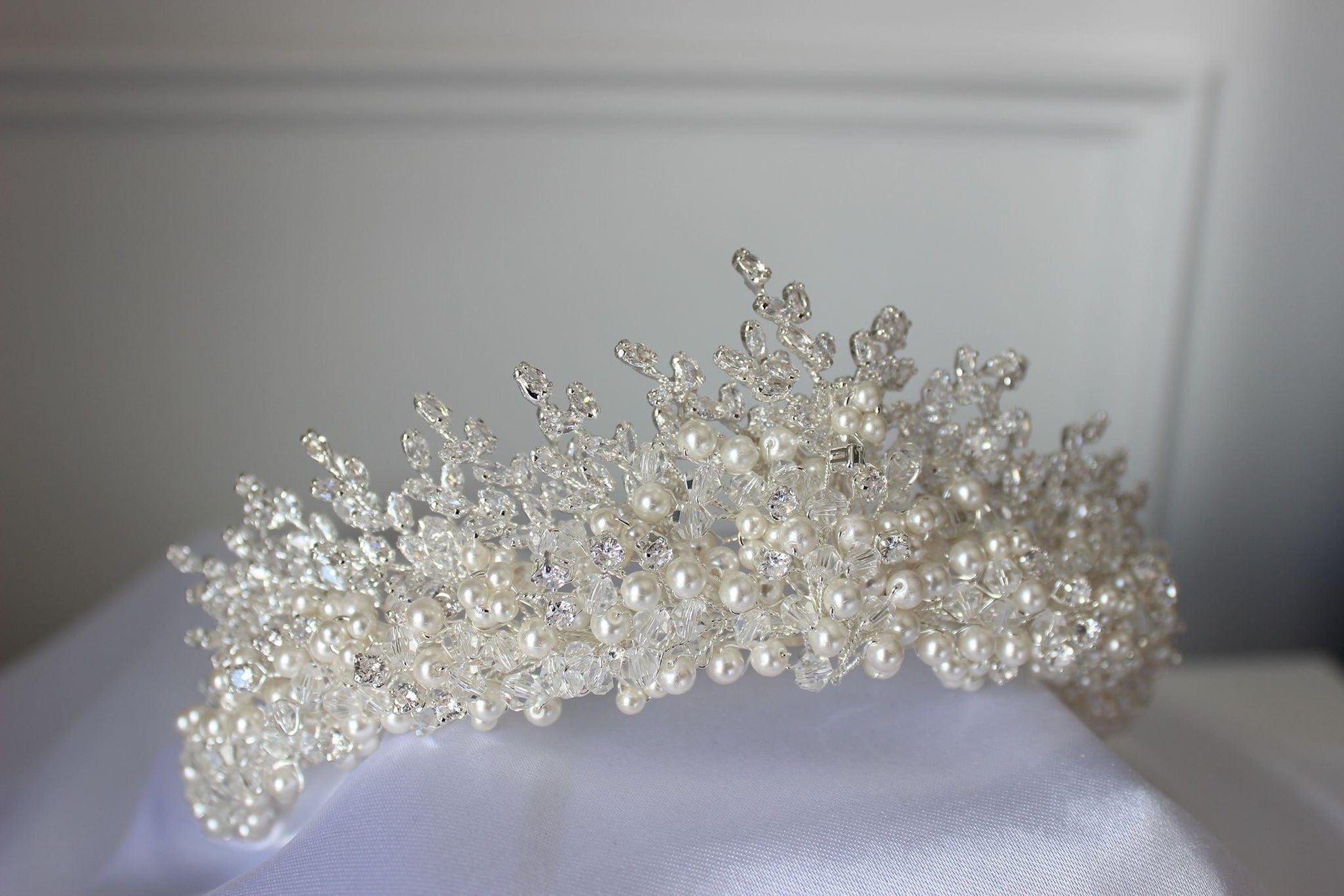 Samara crystal & pearl silver bridal crown