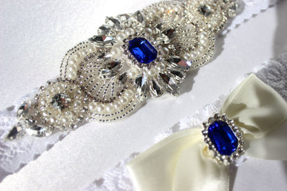 Sapphire bridal garter set with one embellished garter and one ribbon garter